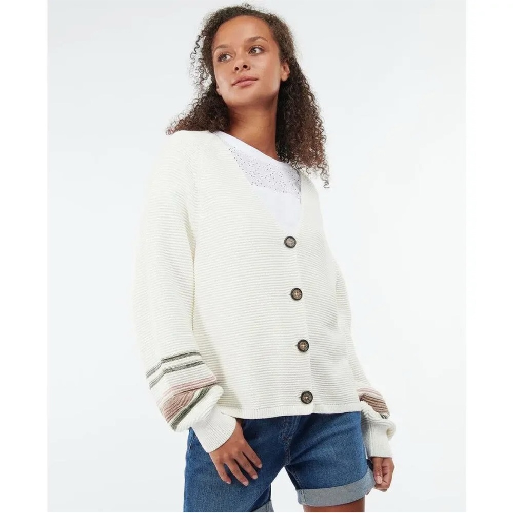Barbour Seaholly Knit Cardigan Sweater Cloud Womens 4 V-Neck Cottagecore Granny
